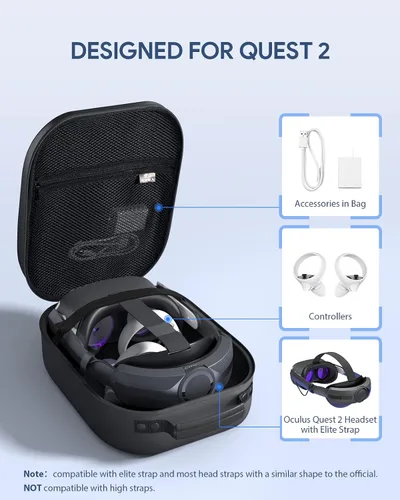 Vista 2 de All-Black 8 in 1 Accessories Set for MetaOculus Quest 2, Include Aubika Elite Battery Strap + Hard Carrying Case + Shell Protective Front Cover +
