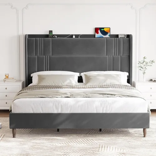 Vista 11 de Base de cama tamaño Queen con cabecera alta, plataforma tapizada de 52 pulgadas con estación de carga, marco de cama de terciopelo de lujo, cabecera