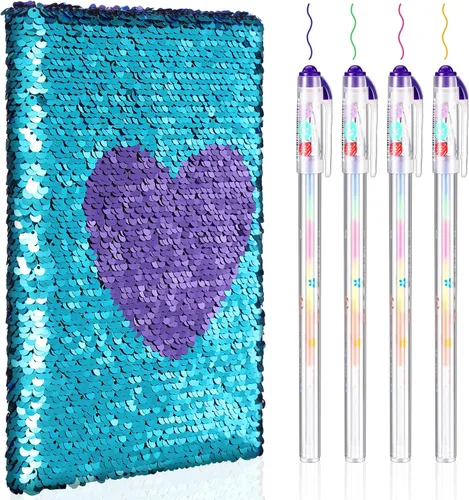 Vista 9 de Outus Juego de diario de lentejuelas para niñas con 4 bolígrafos de tinta de gel de color, diario reversible, cuaderno de lentejuelas con purpurina