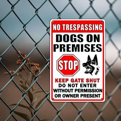 Vista 2 de Letrero de metal con texto en inglés «Beware Of Dog» («Beware Of Dog» («Beware Of Dog» («Beware Of Dog»