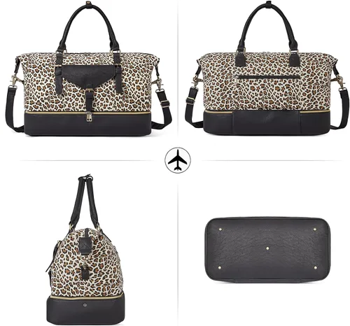 Vista 7 de CLUCI Bolsa de fin de semana para mujer, de cuero, grande, con compartimento para zapatos, Patrón de leopardo con negro