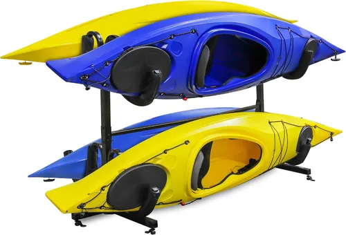 Vista 9 de RaxGo - Estante de almacenamiento independiente para kayak, almacenamiento resistente para dos kayaks, SUP, canoa y tabla de remo para interiores