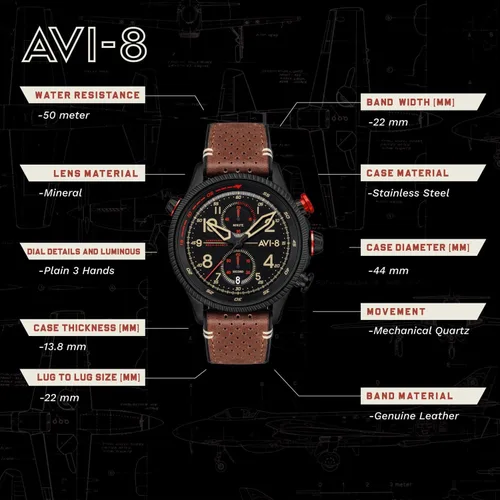 Vista 5 de AVI-8 Mens 43mm Hawker Hunter Duke Chronograph Japanese Meca-Quartz Pilot Watch with Leather Strap AV-4080