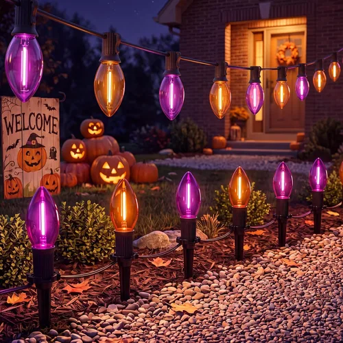 Vista 8 de Luces de camino de Halloween al aire libre, 19.5 pies de C9, luces de poste de Halloween con 10 bombillas C9 naranjas transparentes y negras, luces