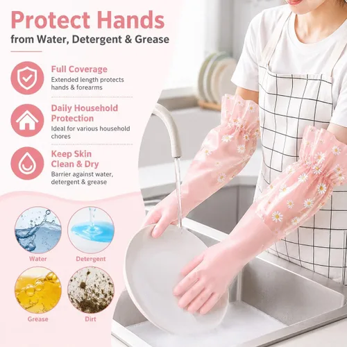 Vista 5 de Dishwashing Cleaning Gloves Waterproof Tear-Resistant Household Rubber Cleaning Gloves with Long Elastic Cuffs