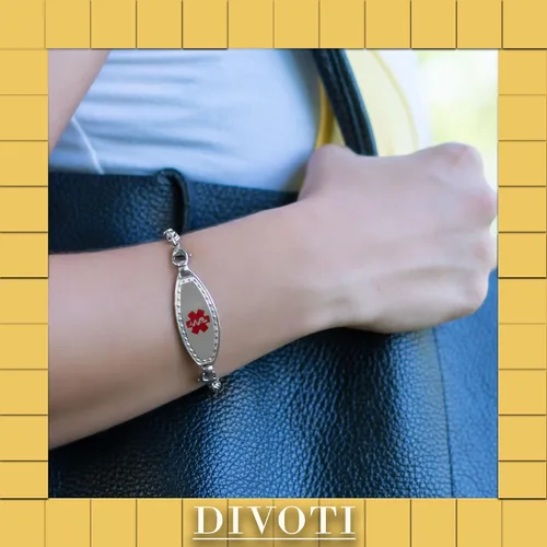 Vista 4 de Divoti Haley Pulsera de alerta médica para mujer con grabado gratuito y cadena bizantina dividida Estilo y tamaño acero inoxidable 12123PK-90