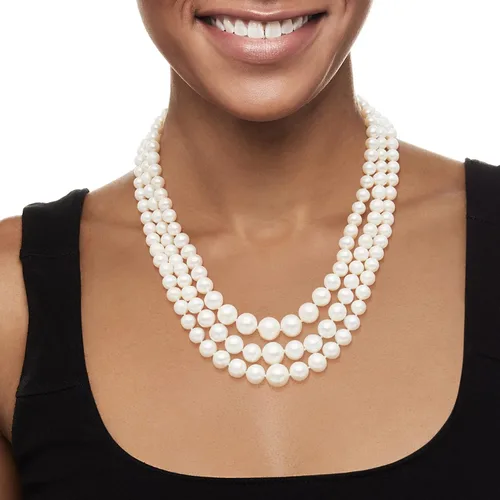 Vista 2 de Ross-Simons 6-12.5mm Cultured Pearl 3-Strand Necklace With 14kt Yellow Gold