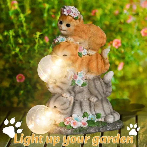 Vista 3 de Estatua de gato solar para jardín - Estatua de gato de resina decorativa para exteriores con luces LED para arte de jardín al aire libre, adornos