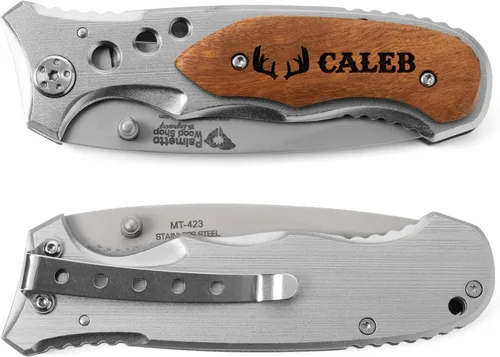 Vista 5 de Palmetto Wood Shop Regalos para él, cuchillo de bolsillo personalizado grabado con láser, regalos para marido, papás, día del padre, San Valentín