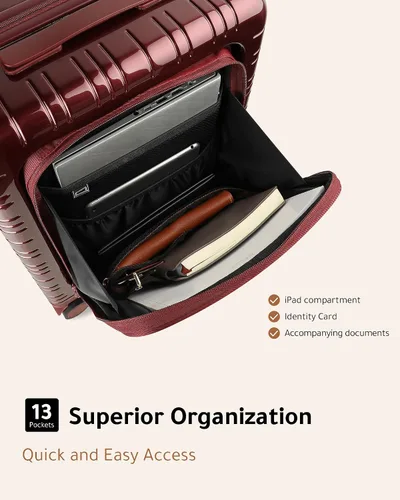 Vista 2 de LUGGEX Maleta de mano rosa con compartimento para laptop, maleta rígida de policarbonato con ruedas giratorias, solapa frontal con múltiples