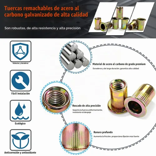 Vista 2 de 100 tuercas de remache de acero al carbono de 1/4 pulgadas a 20UNC de cabeza plana, tuercas roscadas de acero al carbono chapadas en zinc, cuerpo