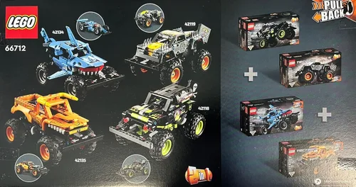 Vista 2 de LEGO Technic Monster Jam Collection 66712 Modelo, kit de construcción, juguete de retroceso 2 en 1, Megalodon, Grave Digger, El Toro Loco y Max-D
