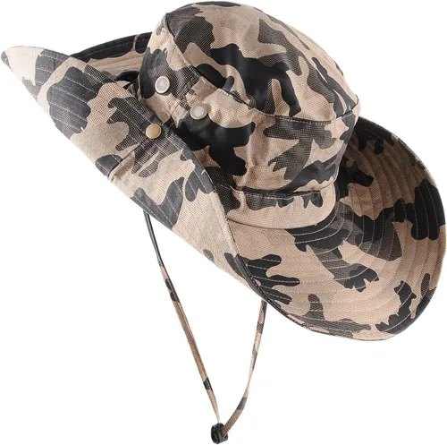 Vista 8 de Sombrero de camuflaje militar de ala ancha para pesca de verano, caza, camping, senderismo, sombrero de sol al aire libre, sombrero Boonie Verde