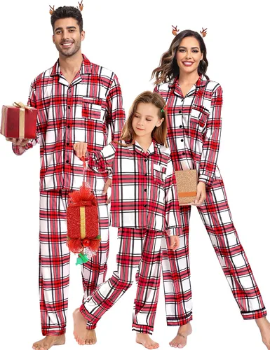 Vista 2 de SWOMOG - Conjunto de pijamas navideños familiares a juego, de manga larga, con botones al frente ideal para las festividades.