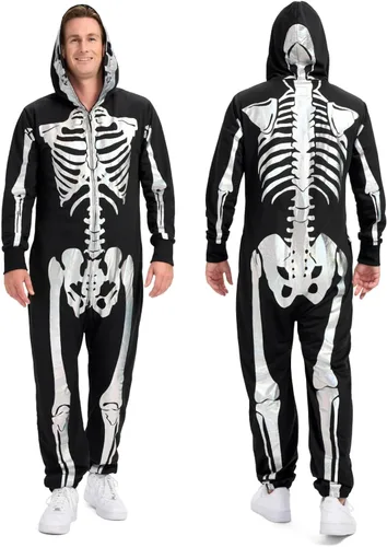 Vista 11 de Tipsy Elves Vestido ajustado de manga larga con esqueleto de Halloween para mujer Front and Back Print, Mesh Eyehole Hood, Hidden Front Zipper