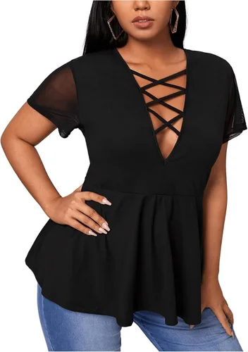 Vista 5 de OYOANGLE Blusa peplum de manga corta de malla para mujer, talla grande, cuello profundo y cruzado