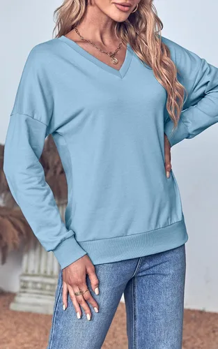 Vista 3 de Sudaderas con cuello en V para mujer, sin capucha, de manga larga, ligeras, modernas, para otoño, primavera, básicas