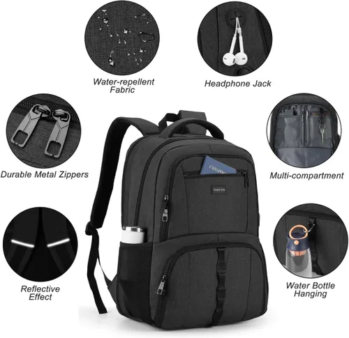 Vista 4 de YAMTION Mochila de gimnasio para hombres y mujeres con compartimento para zapatos, bolsa de libros de 17,3 pulgadas para niños con puerto USB
