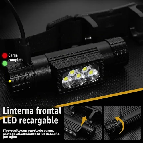 Vista 4 de Linterna frontal recargable, 2000 lúmenes, lámpara LED súper brillante para adultos, IP67 impermeable recargable con 9 modos, linterna de cabeza