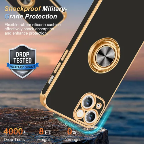 Vista 7 de Fingic - Funda para iPhone 13, soporte giratorio de 360°, soporte magnético Shiny Plating Gold Edge Slim Soft TPU Shockproof Protective Phone Case
