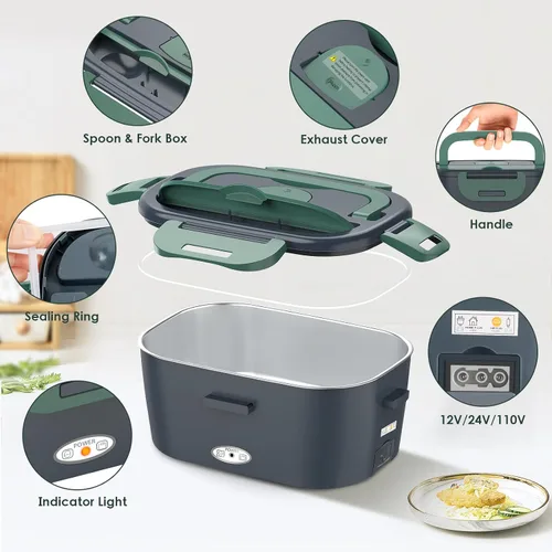 Vista 5 de Fiambrera eléctrica para adultos, calentador de alimentos portátil de 80 W, 12 V/24 V/110 V, lonchera térmica 3 en 1 para coche/camión/oficina