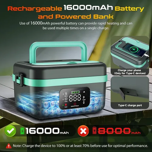 Vista 2 de Fiambrera eléctrica sin cable para almuerzo con calefacción para hombres, adultos y mujeres, batería recargable con calefacción automática
