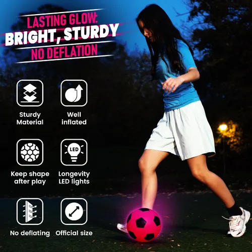 Vista 5 de Pelota de fútbol que brilla en la oscuridad Regalo deportivo para niñas de 6 a 15 años Pelota LED iluminada con 3 baterías extra y bomba