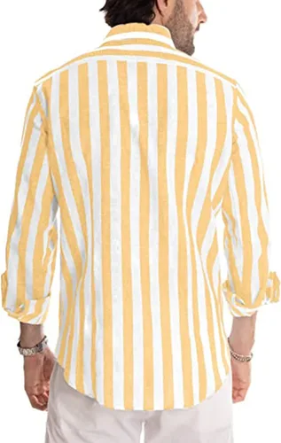 Vista 2 de Gnvviwl Camisa casual de manga corta con botones para hombre, camisa de vestir de algodón a rayas con bolsillo
