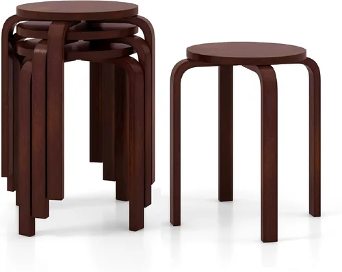 Vista 13 de COSTWAY Juego de 4 taburetes apilables de madera curvada, sillas de mostrador sin respaldo de 18 pulgadas de altura con parte superior redonda
