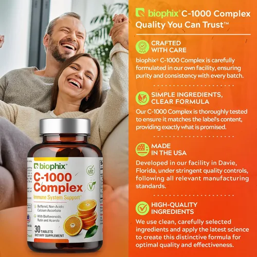 Vista 6 de biophix Vitamina C-1000 mg 30 tabletas Complejo - Vegano con calcio cítrico Bioflavonoides Acerola Rutina - Apoya la salud inmunológica