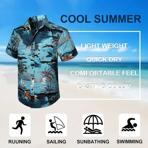 Vista 5 de Camisas hawaianas de manga corta para hombre, camisas tropicales casuales de verano, con botones, floral, para vacaciones, playa, Aloha Hawaii