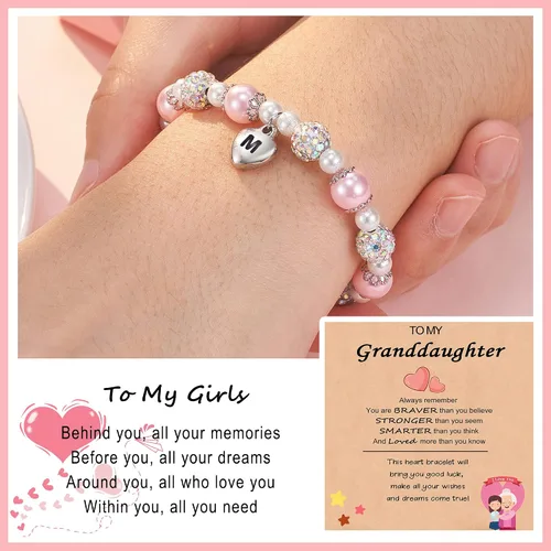 Vista 2 de ASKRAIN Pulsera de corazón para nieta Pulsera de perlas rosas y bolas de diamantes de imitación Longitud ajustable Adecuado para regalo de San