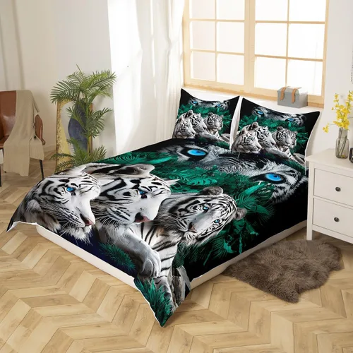 Vista 2 de Feelyou Juego de funda de edredón de tigre, diseño de animales salvajes, para niños y adultos, juego de funda de edredón de gatos safari, suave
