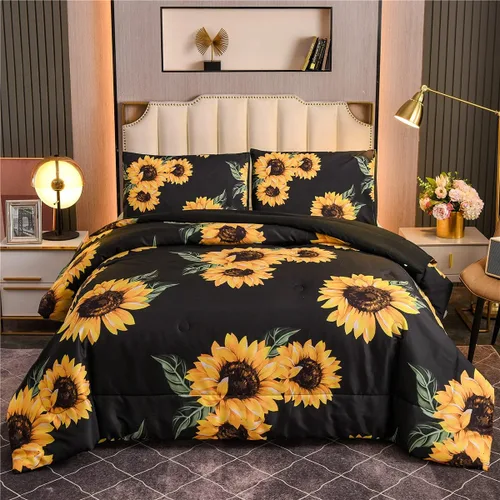 Vista 8 de NTBED Juego de edredón de girasoles negros, tamaño Queen, color amarillo, floral, botánico, edredón de microfibra de 3 piezas para niñas