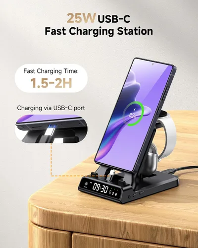 Vista 2 de Estación de Carga Rápida USB C de 25W para Samsung, SwanScout 701S, Soporte de Carga Plegable 3 en 1 para Galaxy S25/S24/Z Flip 7/Fold