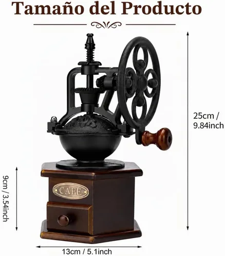 Vista 3 de Molinillo de café manual vintage con manivela de rueda de hierro fundido, molinillo de café de madera con rebabas de cerámica, tamaño de molienda