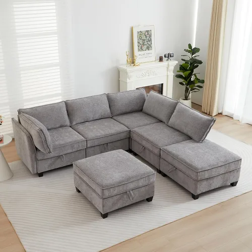 Vista 27 de ORRD Juego de sofá modular esquinero de gran tamaño, sofá convertible en forma de L con almacenamiento, sofá modular de 8 plazas con otomanas y Beige