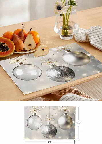 Vista 7 de Juego de 6 manteles individuales de bolas de Navidad para mesa de comedor, paño de lino de algodón para mesa cuadrada/rectangular/redonda