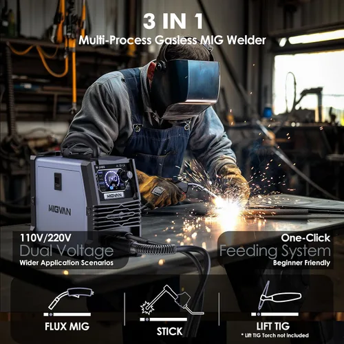 Vista 2 de Soldador MIG sin gas de 140A, Máquina de soldadura de voltaje dual 110V/220V, MIG con núcleo de fundente/Lift TIG/Stick ARC 3 en 1 Soldadores MIGVAN