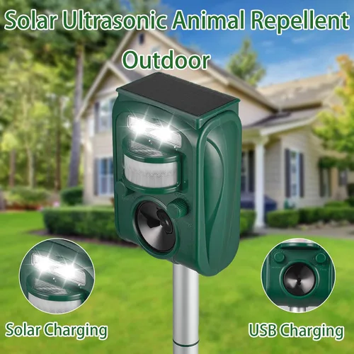 Vista 7 de Repelente solar ultrasónico de animales al aire libre, disuasorio de ardillas para gatos, perros y ciervos activado por movimiento, con luz