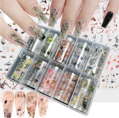 Vista 9 de 10 rollos de calcomanías de transferencia de flores, hojas de lámina de uñas con patrón de pintura de tinta de bambú para decoraciones y suministros