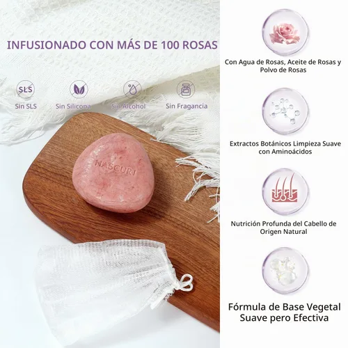 Vista 6 de Barra de champú Rose – Fortalece, nutre y da volumen al cabello – Fórmula a base de plantas con aceite de coco, aceite de aguacate y extractos
