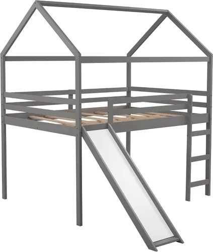 Vista 4 de Harper & Bright Designs Cama alta de tamaño matrimonial con tobogán, cama alta de madera, marco de cama tipo loft con techo y barandilla, cama alta