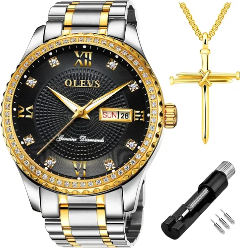 Vista 8 de OLEVS - Relojes de diamantes para hombres, relojes de vestir a prueba de agua, relojes analógicos de cuarzo de lujo con calendario de fecha y correa