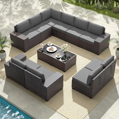 Vista 13 de Gotland Juego de muebles de patio de 6 piezas con 1 mesa auxiliar, 5 plazas de ratán seccional para exteriores con reposabrazos anchos de 29.5 Gris