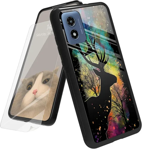 Vista 52 de Funda para Motorola Moto G Play 4G 2024 con protector de pantalla, parte trasera de vidrio templado + funda de silicona suave TPU absorción