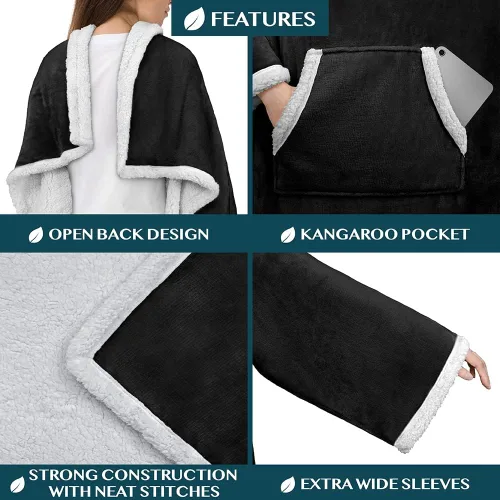 Vista 3 de PAVILIA Manta Sherpa Vestible con Mangas y Bolsillo, Manta Corporal Envolvente Gruesa de Felpa Acogedora para Adultos Mujeres Hombres, Regalo