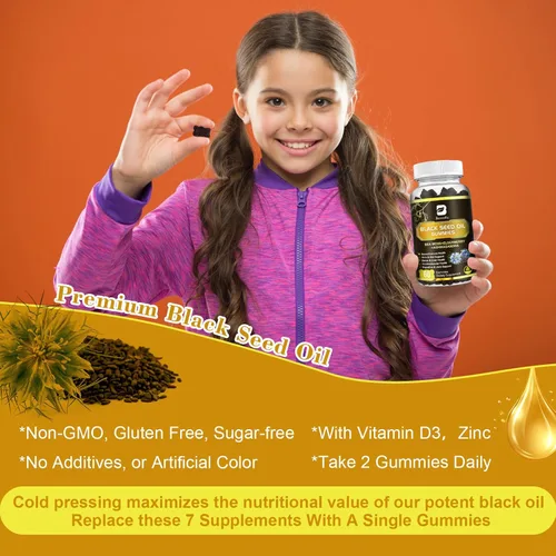Vista 6 de Gomitas de aceite de semilla negra con Ashwagandha y musgo marino irlandés y saúco, suplemento de apoyo inmunológico con vitamina C, D3, zinc