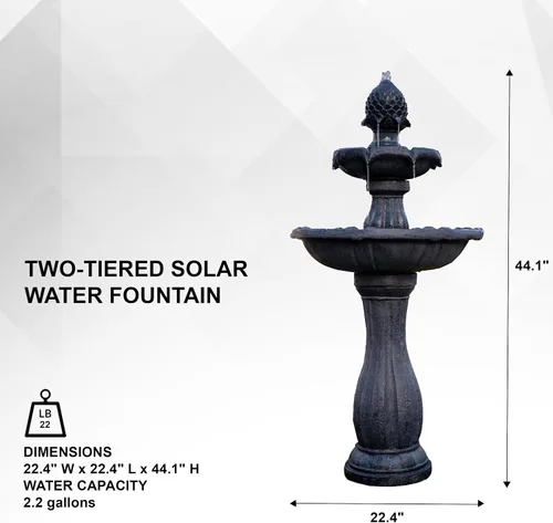 Vista 2 de XBrand Fuente de agua para exteriores de 2 niveles con energía solar de 44 pulgadas, fuente de resina de fibra de vidrio con bomba de apagado Negro