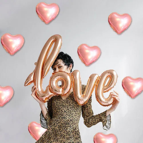 Vista 4 de 50 globos de corazón de oro rosa de 10 pulgadas, globos de papel de aluminio con forma de corazón de Mylar para cumpleaños, boda, amor, decoración